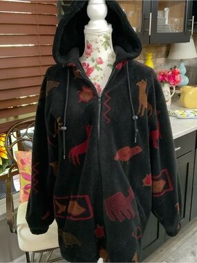 Vintage Forecaster Sport Fleece Jacket Animal Nature Black Red Full Zip Size M
